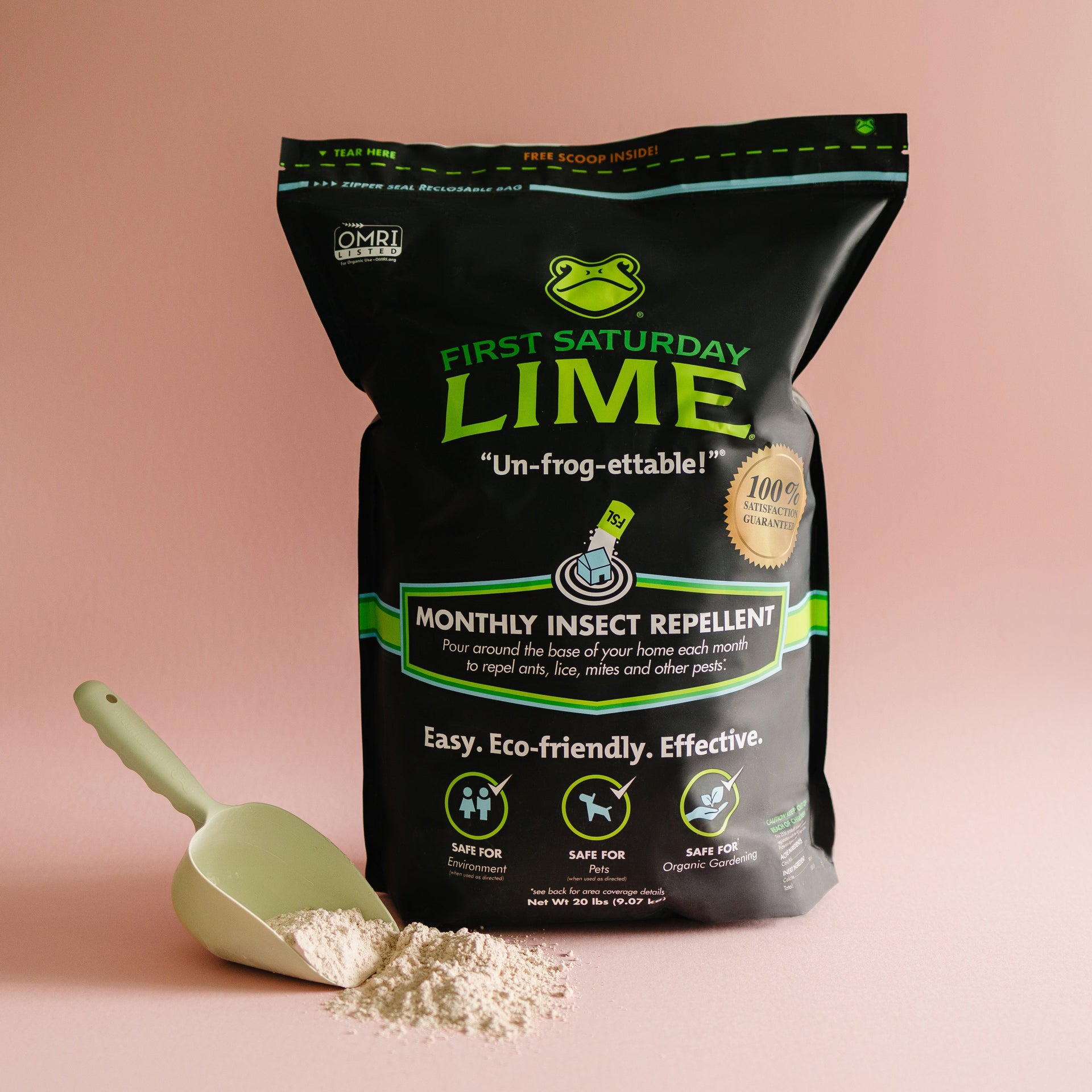 A bag and scoop of First Saturday Lime on a pink back drop.