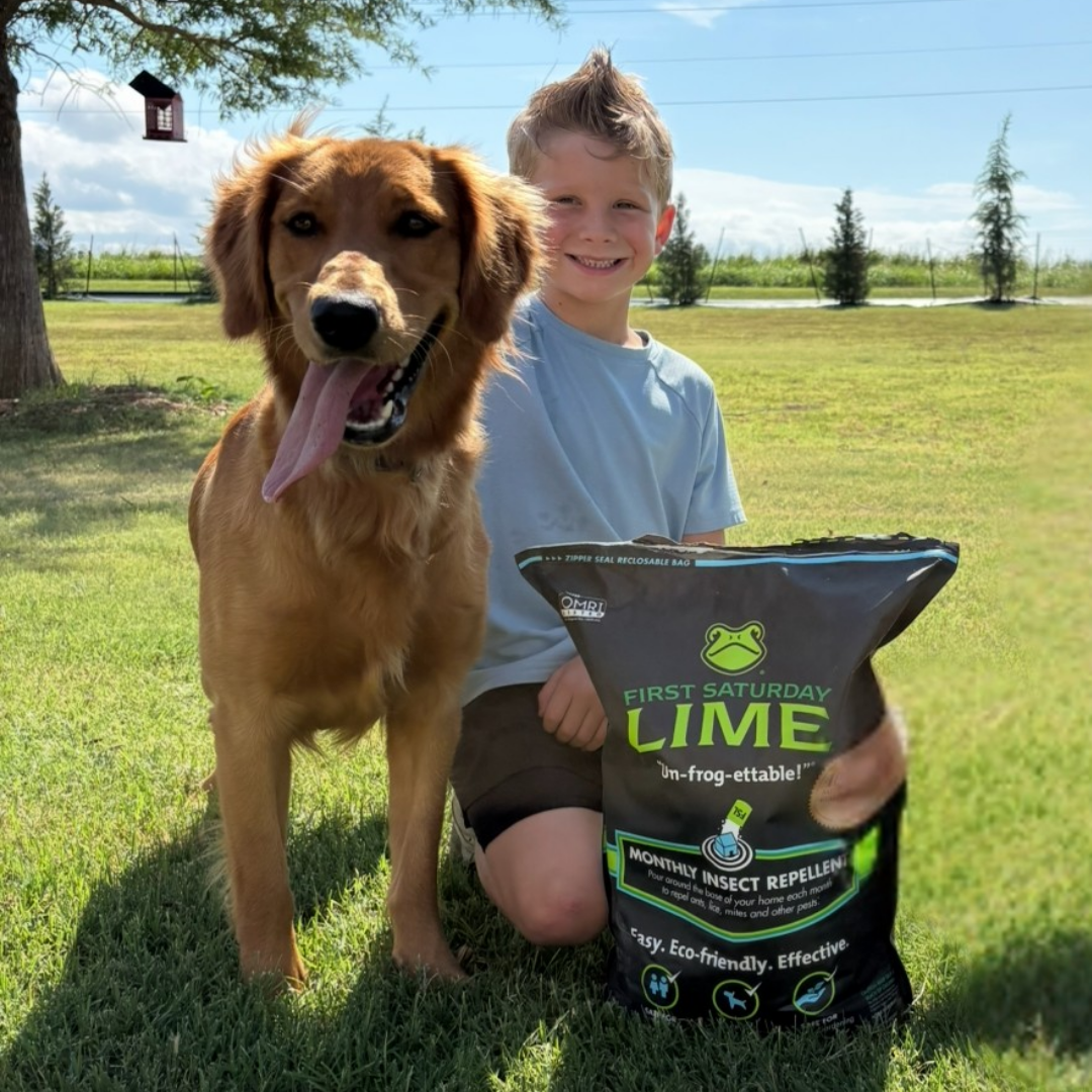 A young boy and puppy sitting with a bag of First Saturday Lime.