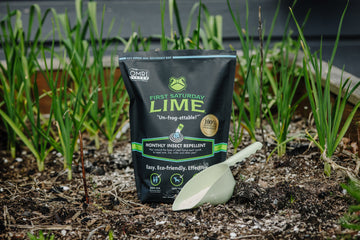 First Saturday Lime bag and scoop sitting on soil.