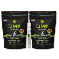 Two black bags of monthly insect repellent labeled 'First Saturday Lime' next to a white spray bottle labeled 'First Saturday Repellent'.