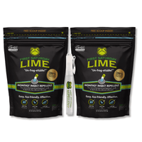 Two black bags of monthly insect repellent labeled 'First Saturday Lime' next to a white spray bottle labeled 'First Saturday Repellent'.