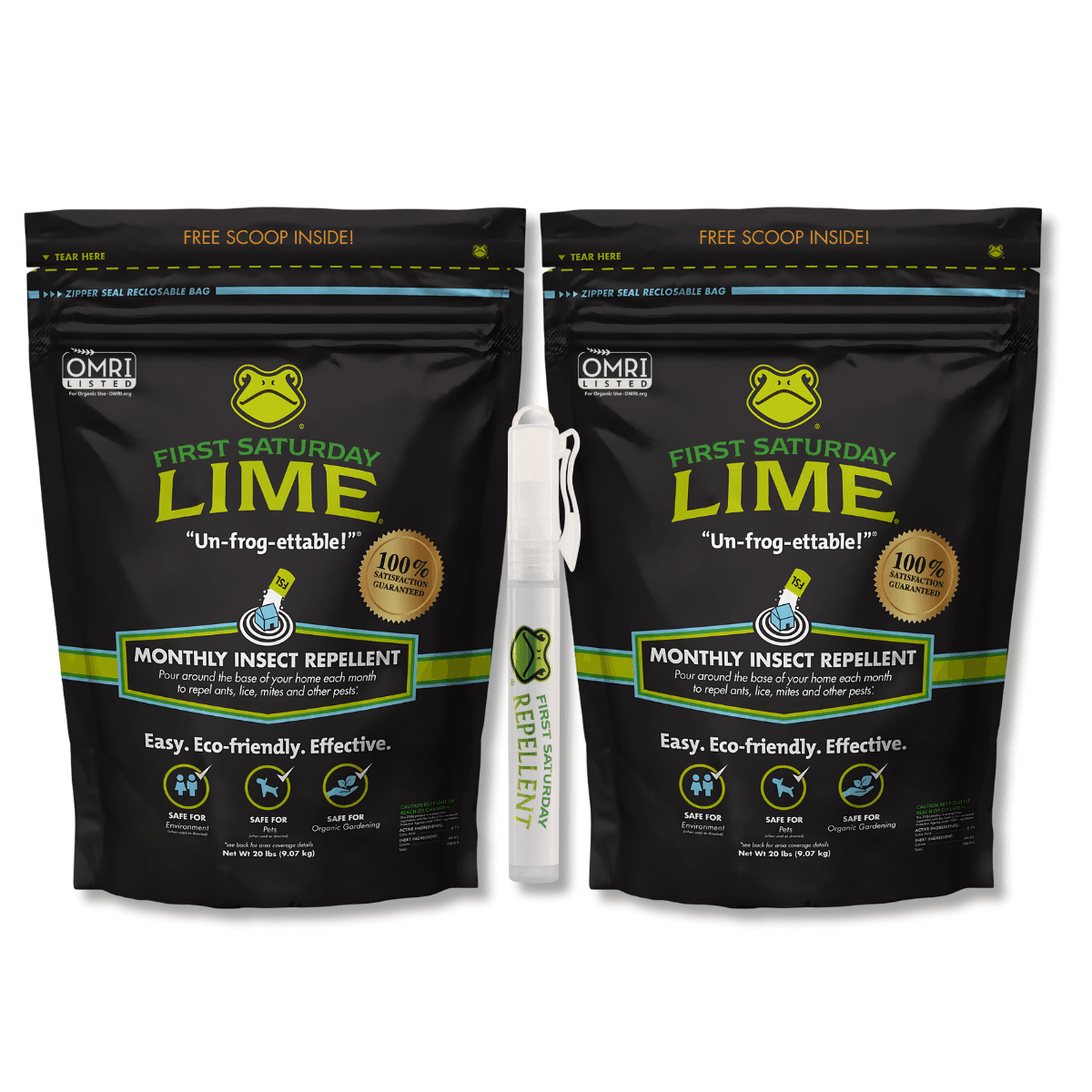 Two black bags of monthly insect repellent labeled 'First Saturday Lime' next to a white spray bottle labeled 'First Saturday Repellent'.