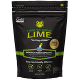 A 5lb bag of First Saturday Lime insect repellent with a green, black, blue, and white color scheme and branding information.
