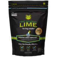 A 5lb bag of First Saturday Lime insect repellent with a green, black, blue, and white color scheme and branding information.