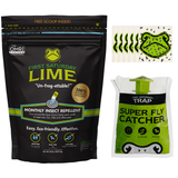 Image of a 20lb bag of First Saturday Lime insect repellent, six green and black frog shaped window fly traps, and a Super Fly Catcher.