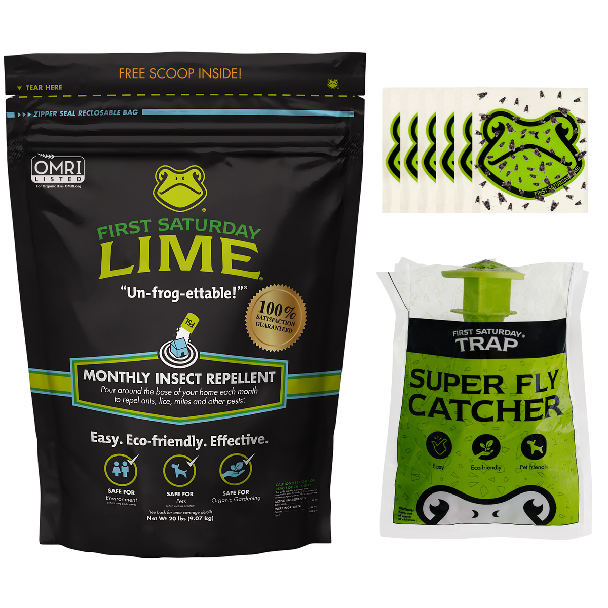 Image of a 20lb bag of First Saturday Lime insect repellent, six green and black frog shaped window fly traps, and a Super Fly Catcher.