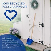 A blue coop scoop with information showing it's made entirely of recycled polycarbonate.