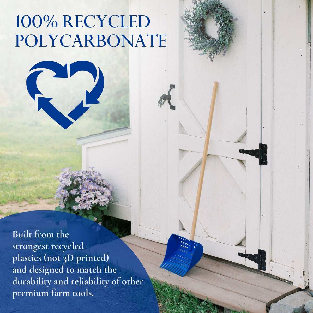 A blue coop scoop with information showing it's made entirely of recycled polycarbonate.