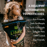 A young girl in a garden holds a large bag of First Saturday Lime insect repellent.