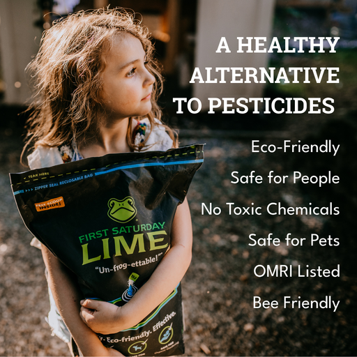 A young girl in a garden holds a large bag of First Saturday Lime insect repellent.