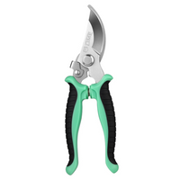 A pair of gardening pruners with stainless steel blades and green and black handles.