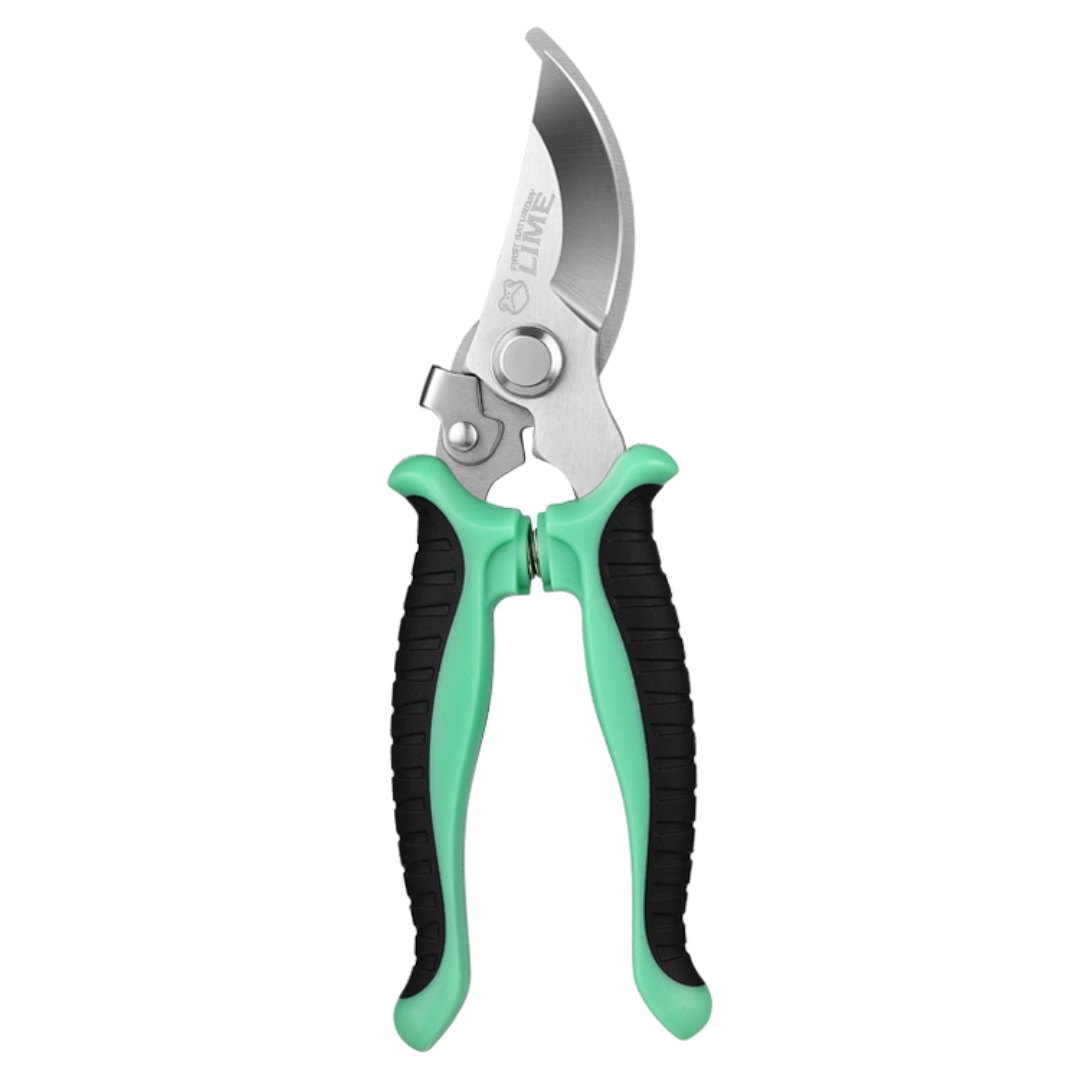 A pair of gardening pruners with stainless steel blades and green and black handles.