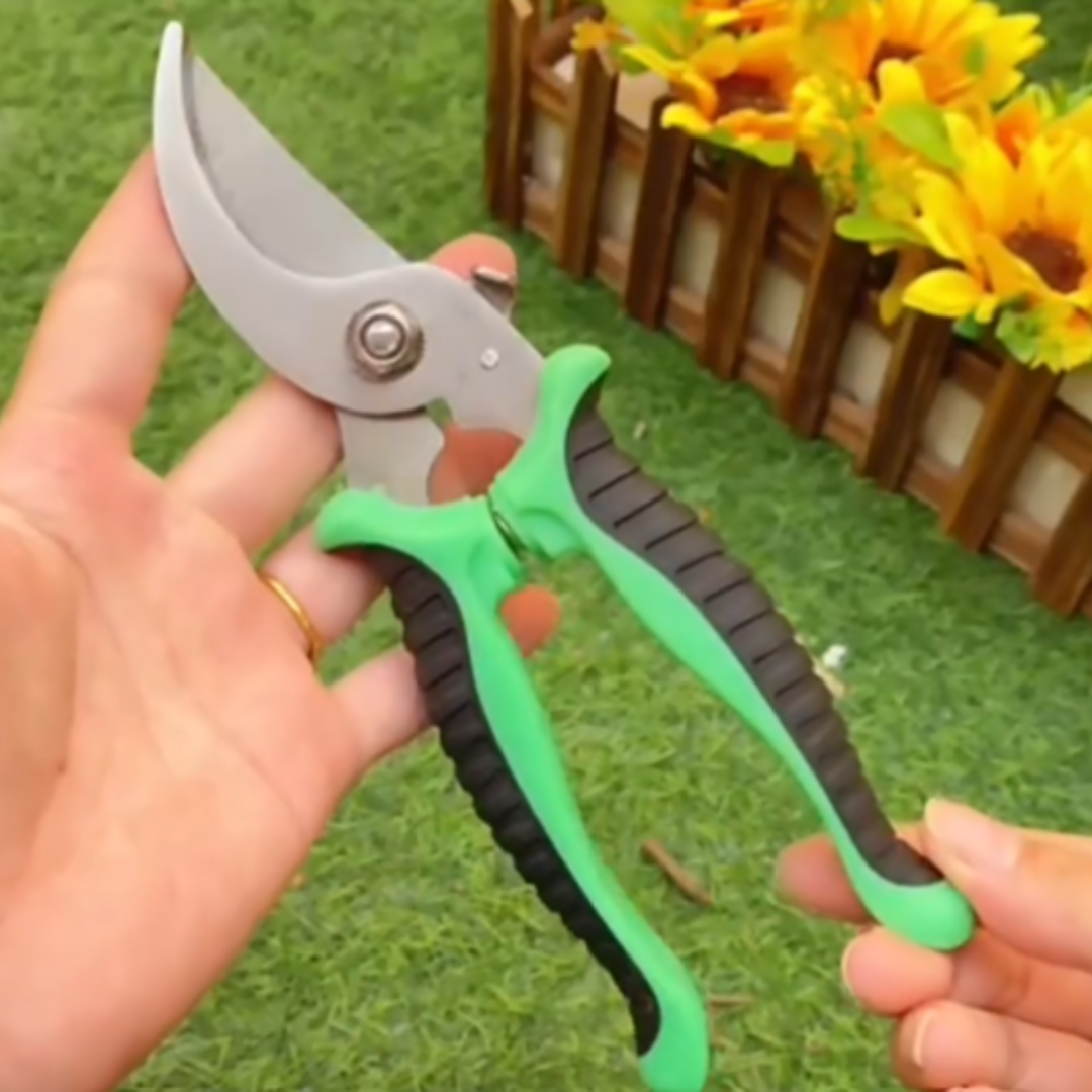 Pruners with black and green handle, and silver blades.