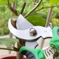 Silver, green, and black pruners trimming a branch.