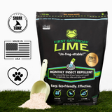 A bag of First Saturday Lime monthly insect repellent with badges that show it was on Shark Tank, is made in the USA, and is safe for pets.