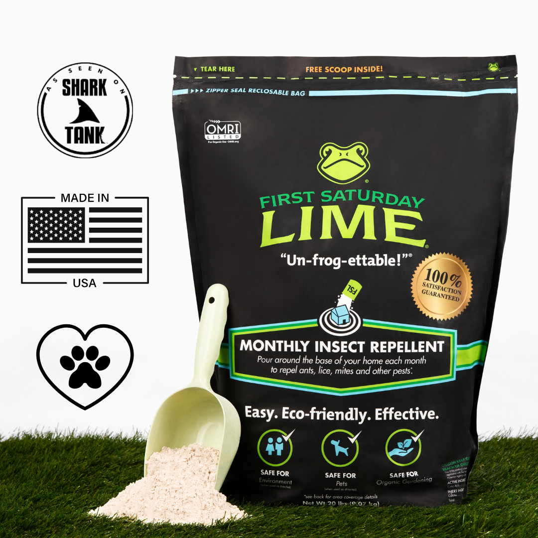 A bag of First Saturday Lime monthly insect repellent with badges that show it was on Shark Tank, is made in the USA, and is safe for pets.