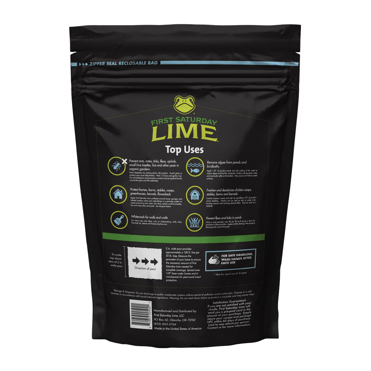 The back of a First Saturday Lime bag with information of how to use.