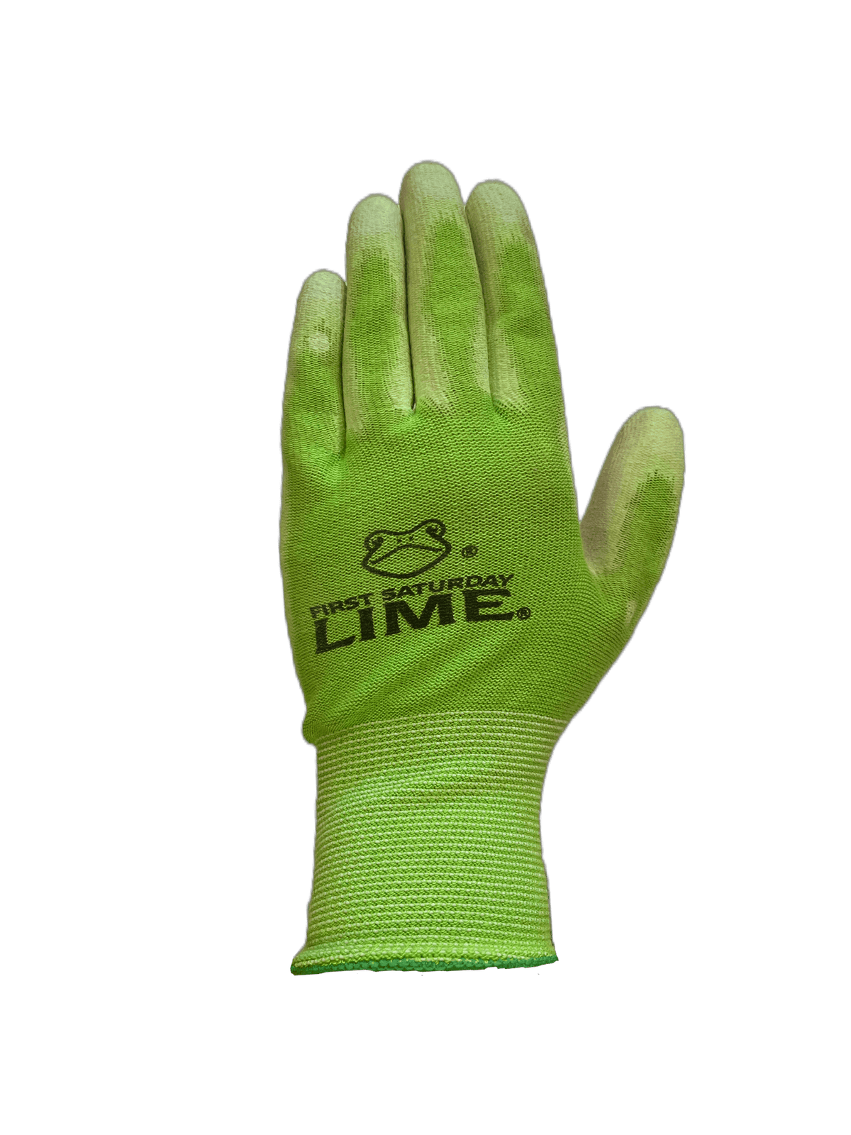A pair of green garden gloves with a non-slip coating on the palm and fingers, featuring the First Saturday Lime logo on the back.