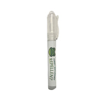 A pen-style insect repellent spray with a white body and green design, labeled First Saturday Repellent.